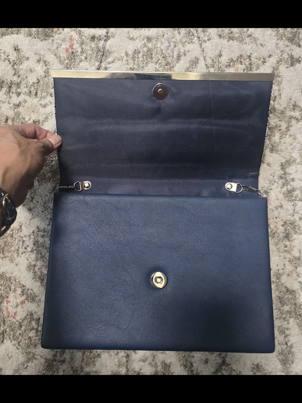Unbranded Navy Blue, Gray Clutch Wristlet with Silver Chain Strap - Picture 5 of 17